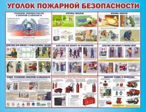 Стенд пожарной безопасности с инструкциями, телефоном 112, планом эвакуации и карманами