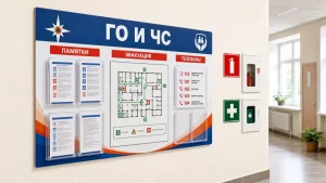 Стенды ГО и ЧС с карманами и знаками безопасности в учреждении