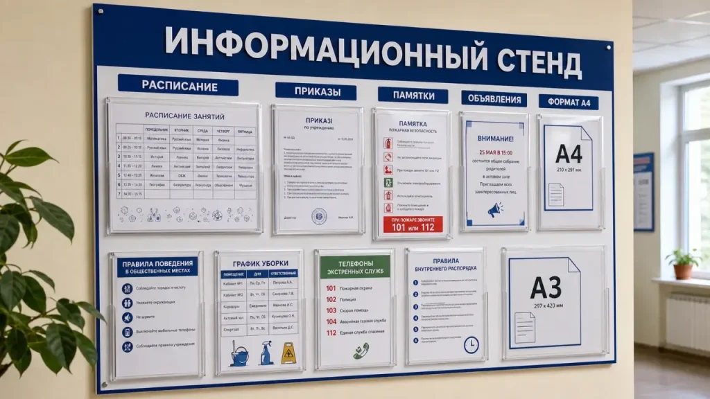 Информационный стенд с карманами A4, A3, расписанием, приказами и объявлениями