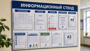 Информационный стенд с карманами A4, A3, расписанием, приказами и объявлениями