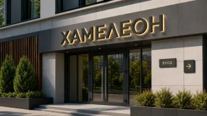 Фасадная вывеска с объёмными буквами, подсветкой и входными табличками