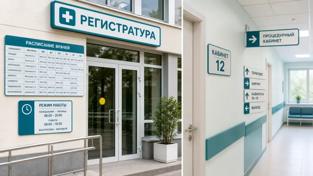 Навигационные таблички, расписание врачей и режим работы для поликлиники