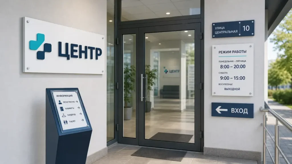 Входная группа с вывеской, режимом работы и навигационными табличками