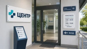 Входная группа с вывеской, режимом работы и навигационными табличками