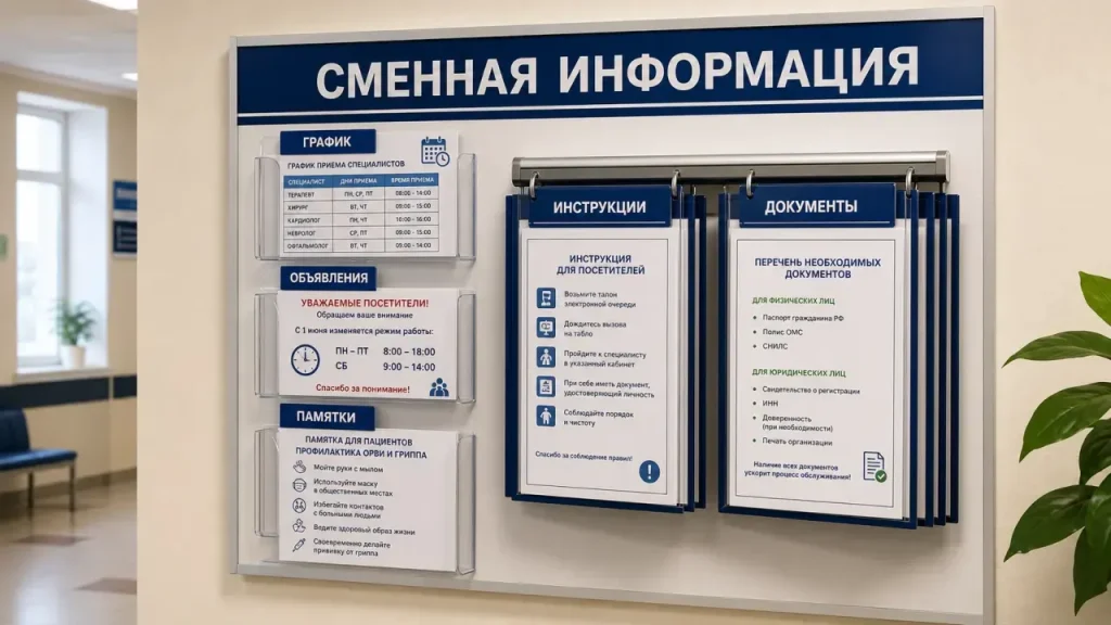 Информационный стенд со сменными карманами и перекидной системой для документов