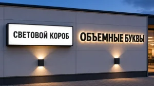 Световой короб и объёмные буквы на фасаде для сравнения