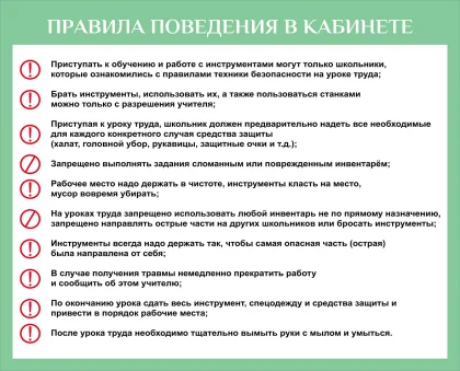 Стенд «Правила поведения в кабинете технологии»