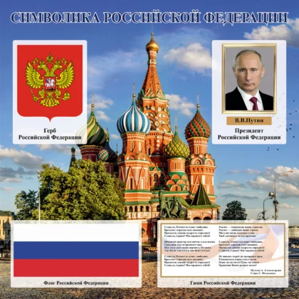 Стенд «Символика Российской Федерации» на фоне Кремля
