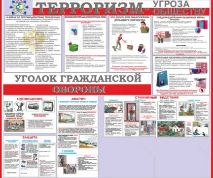 Стенд антитеррор «Терроризм - угроза обществу» с блоком гражданской обороны и двумя карманами A4