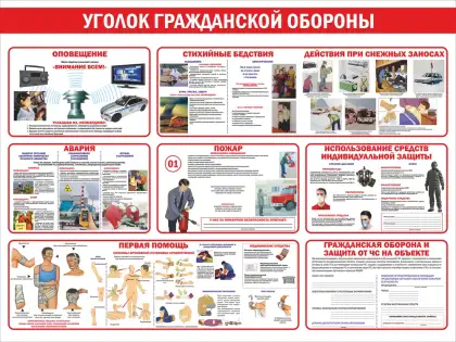 Стенд «Уголок гражданской обороны» с блоками оповещения, пожара, аварии и первой помощи