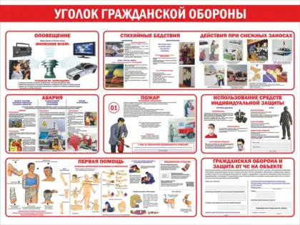 Стенд «Уголок гражданской обороны» с блоками оповещения, пожара, аварии и первой помощи