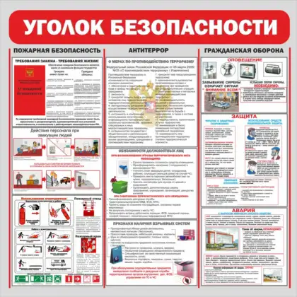 Уголок безопасности с разделами пожарной безопасности, антитеррора и гражданской обороны