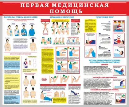 Стенд «Первая медицинская помощь» с иллюстрациями приемов помощи