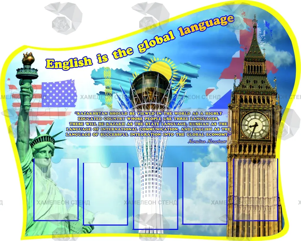 Фигурный стенд «English is the global language» с 5 карманами A4 ШК-0060