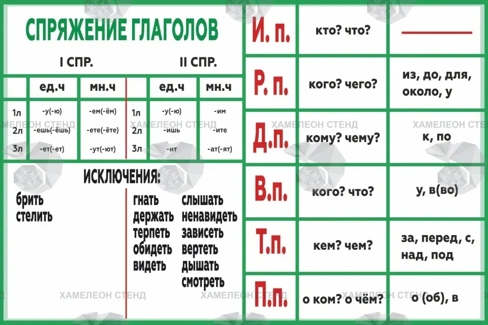 Стенд «Спряжение глаголов и падежи»