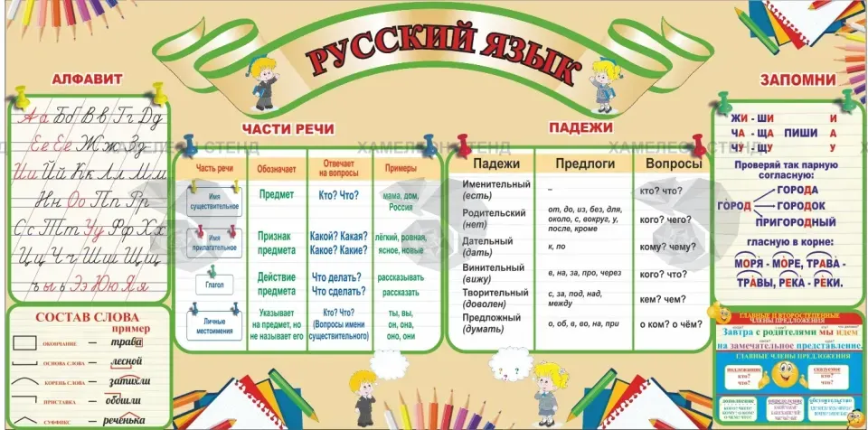 Стенд «Русский язык» с алфавитом и падежами