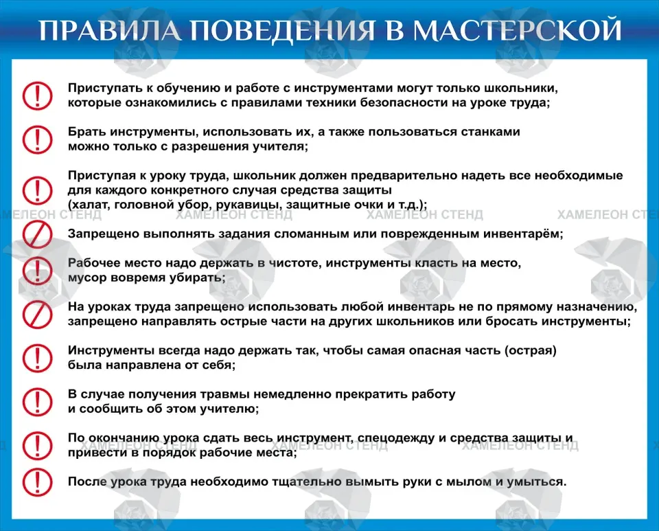 Стенд «Правила поведения в мастерской» для уроков труда