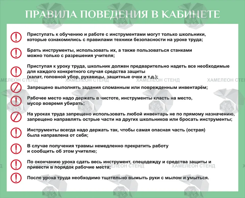 Стенд «Правила поведения в кабинете технологии»