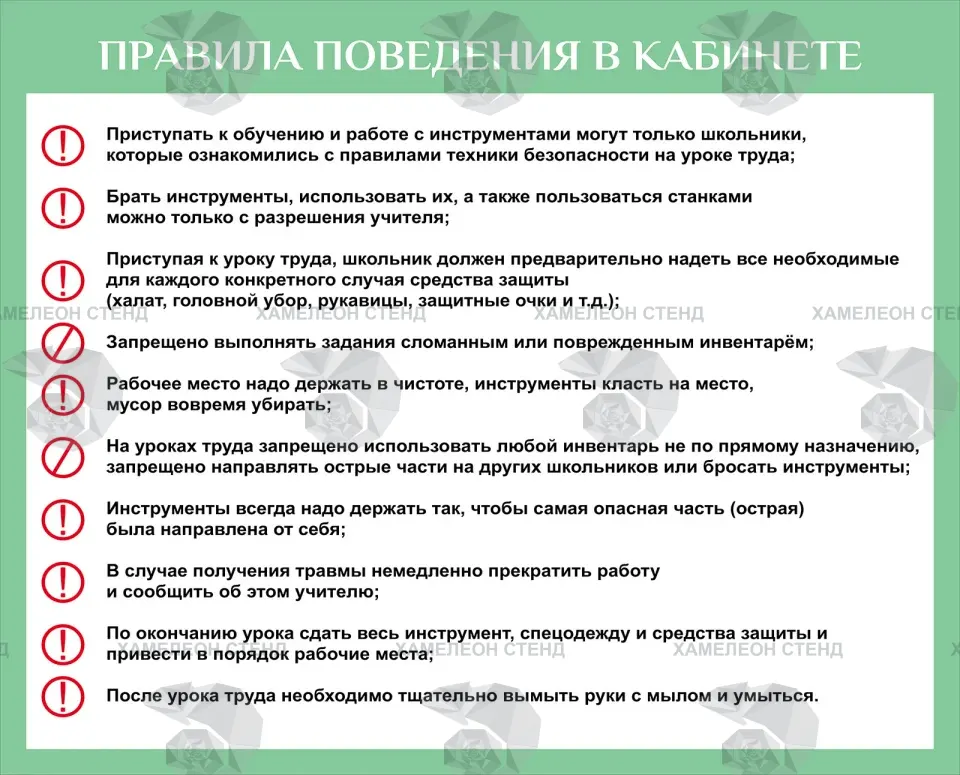 Стенд «Правила поведения в кабинете технологии»
