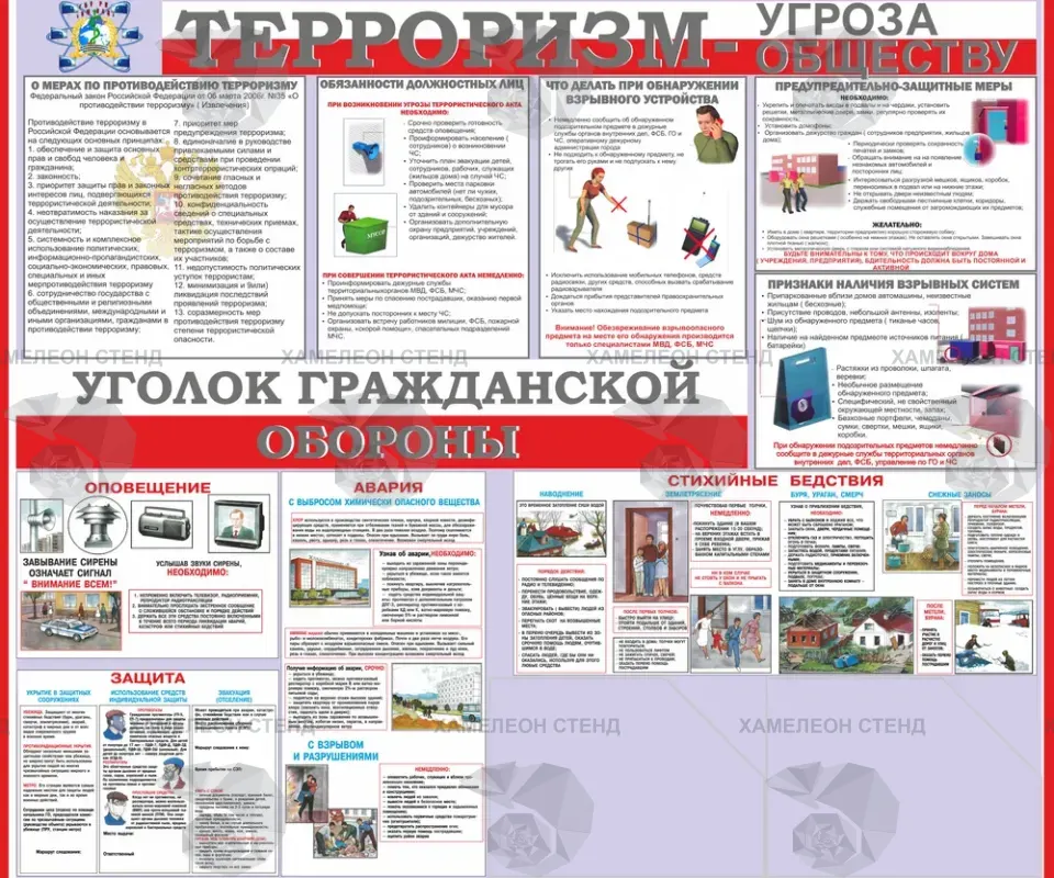 Стенд антитеррор «Терроризм - угроза обществу» с блоком гражданской обороны и двумя карманами A4
