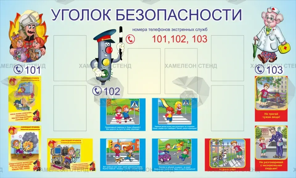 Уголок безопасности с номерами 101, 102, 103 и шестью карманами A4