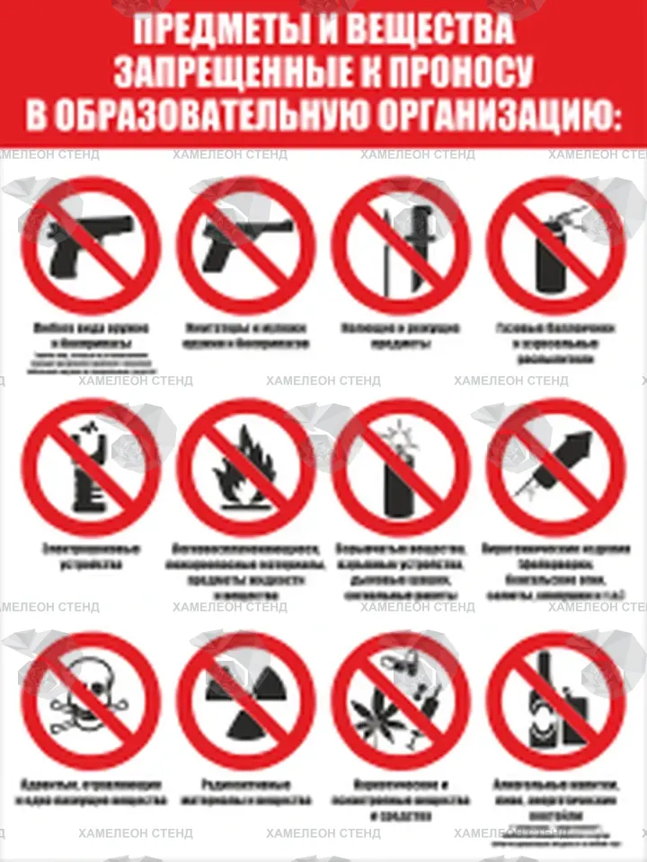 Стенд о предметах и веществах, запрещенных к проносу в образовательную организацию