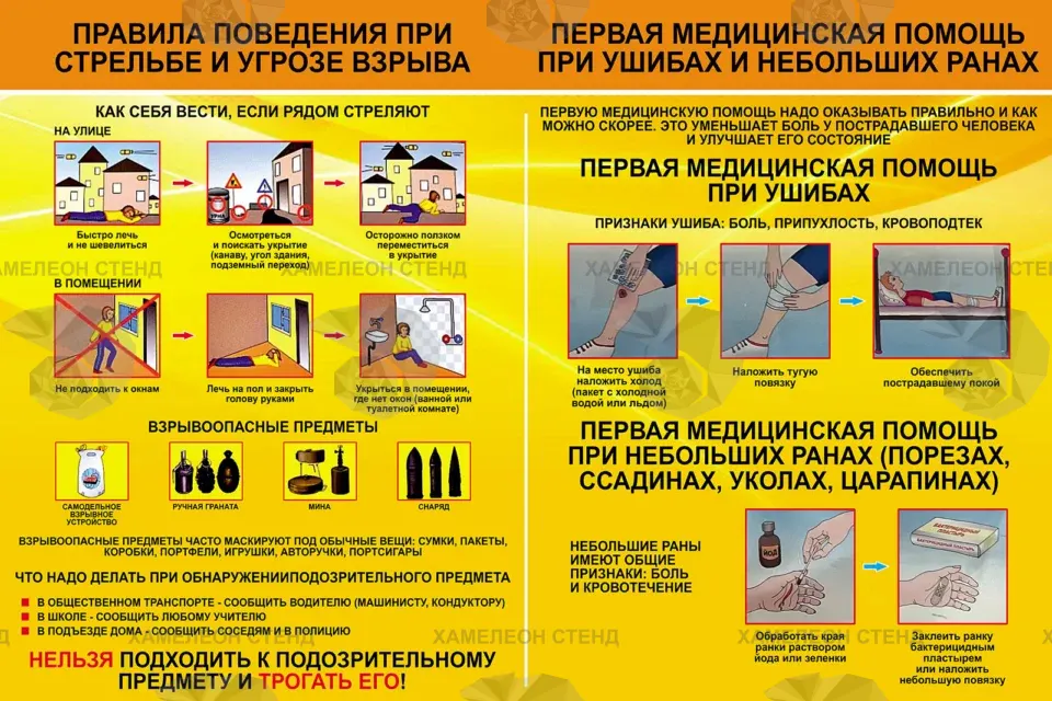 Стенд «Стрельба и угроза взрыва. Первая медицинская помощь» ШК-0124